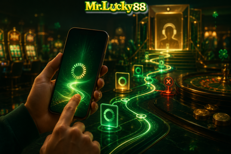 MrLucky88 login check guide showing mobile access page loading browser checks and support steps