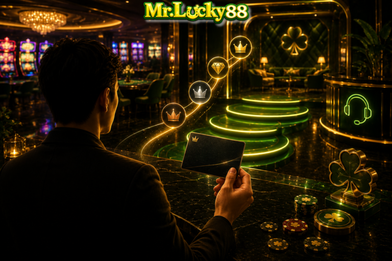 MrLucky88 VIP rewards overview showing levels benefits rebate notes and support access
